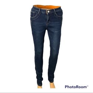 Medium Wash Blue Denim Jeans  Lined in orange felt